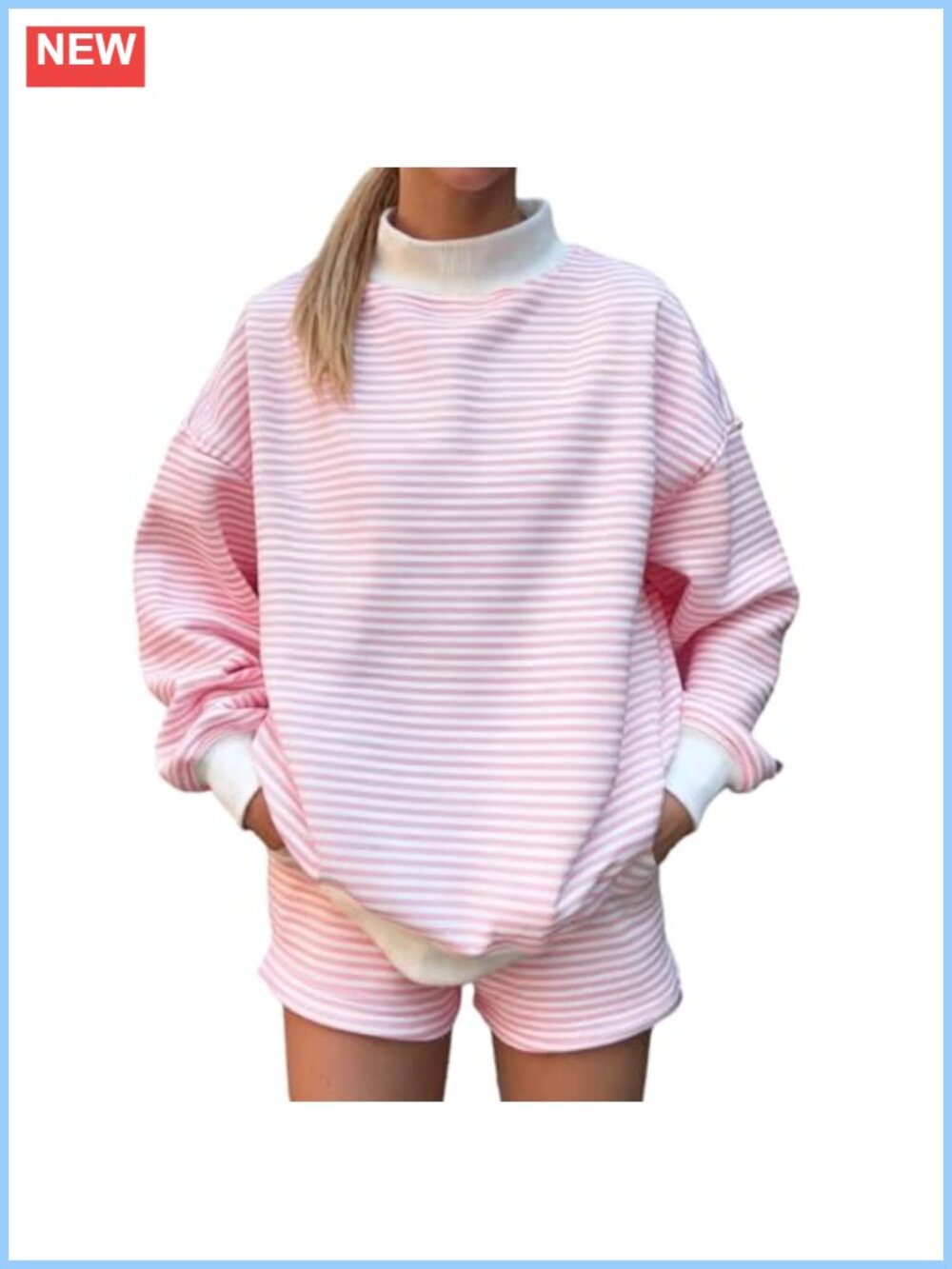 Womens Mock Neck Sweatshirt and Shorts Set Striped Loungewear Loose Fit